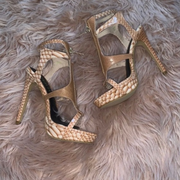 Paper Fox Tan Animal Print Open Toed T-Zipper Stiletto Heels Size 7 - Picture 1 of 5